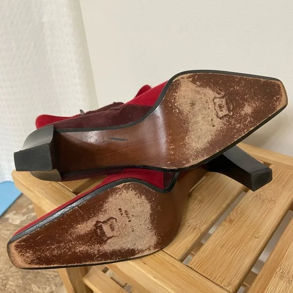Stuart Weitzman Two-Tone Red and Brown Suede Mid-Calf Block Heel Zip Boots Rare